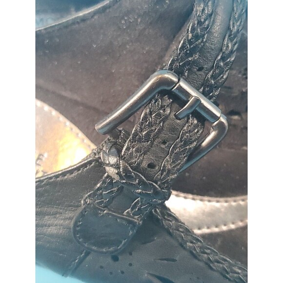 Womens Peep Toe Cloggs Sz 7 Floral Cut Out Boho Black Leather White Mountain - Picture 10 of 12